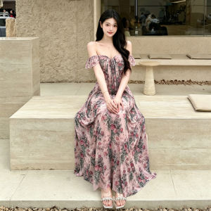 Vintage French Oils Painting Floral Off-shoulder Slim Fitting Summer Maxi Dress for Women