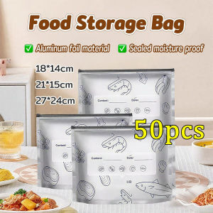 50pcs Thickened Aluminum Foil Food Bag-Leakproof Stand Up Freezer Zip Lock Fresh-keeping Storage Bag Aluminum Foil Food Bag Large Capacity Leakproof Freezer Safe Kitchen Fresh Bag Fresh-keeping Reusable Zip Lock Bag