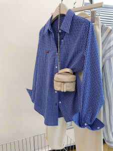 Blue Plaid Long Sleeve Shirt Jacket Womens Spring Autumn Loose Small Size Shoulder Shirt 2025 New Top Korean Style Commute