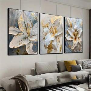 Fashion Gold and White Flower Canvas Posters Painting Abstract 3D Lily Flowers Wall Art Print for Bedroom Living Rome Home Decor