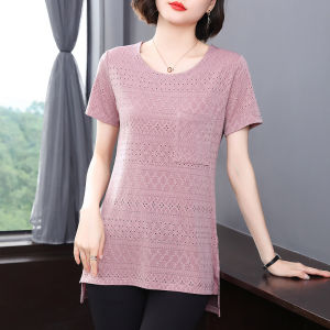 100kg fat lady can wear korean style short sleeve hollow out womens long t-shirts middle age mother plus size shirts loose casual long tops