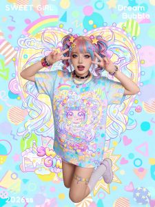 Sweet Girl Limited Edition Macaron Colorful Candy Contrast Full Print T-shirt Y2k Summer Harajuku Style Children/Adult Oversized