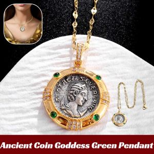 Vintage Necklace Ancient Coin Goddess Green Pendant Fashion Clavicle Chain Women Jewelry