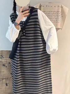 Váy Vest Dệt Kim Kẻ Sọc Màu Tương Phản Phong Cách Hàn Quốc Cho Nữ Mùa Xuân Thu Cỡ Lớn Rộng Rãi Lót Áo Len Dài