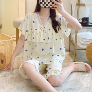 Cotton Silk Sleepwear Set for Women with Lace Details Pastoral Style Short Sleeves Thin Section Viscose Fabric Suitable for Summer