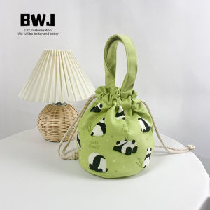 Green Cartoon Panda Floral Bucket Bag Eco-friendly Storage Pouch Walking Shopping Bag for Girls Small Cloth Bag Travel Essential