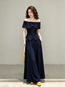 Stylish High-End One-Shoulder Blue Top and Wide-Leg Pants Suit
