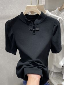 New Chinese Style Black Short Sleeve Knitted T-Shirt Stand Collar Button up Summer New Arrival Womens National Style Top