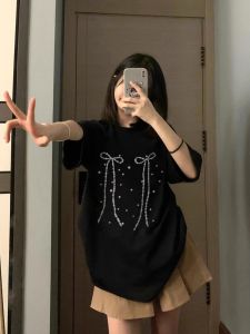 Áo Thun Cotton Tay Ngắn Cổ Tròn in Nơ Bướm Mùa Hè Cho Nữ Dáng Rộng Dài Vừa Phải Thời Trang Thường Ngày Chất Liệu Cotton 100%