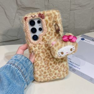 Sanrio | Cute Cartoon Hello Kitty Plush Leopard Print Case For Samsung S26 S25 S24 S23 Ultra Plus A37 A56 A55 A36 A54 Cover With Pendant
