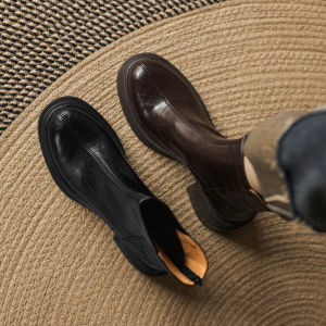 รองเท้าบูทสั้นหนังแท้สำหรับผู้หญิง ฤดูใบไม้ร่วง/ฤดูหนาว ส้นสูงแบบฝรั่งเศส รองเท้าบูททรงสลิมสไตล์ย้อนยุค รองเท้าบูทยางยืดหนังนิ่ม