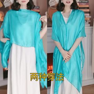 ผ้าพันคอไหมสไตล์เกาหลีฤดูร้อนสำหรับผู้หญิง ผ้าคลุมไหล่แบบสวมหัว แฟชั่นอเนกประสงค์ กันแดดชายหาด ขนาดใหญ่ 145x40 ซม.