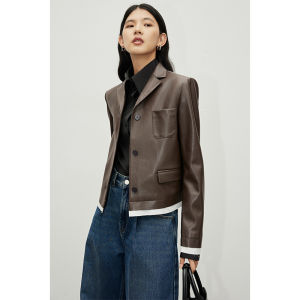 Effortless Layering Shortened Patchwork Jacket Small Collar Design PU Leather Straight Cut Commute Style for Women in Their 30s