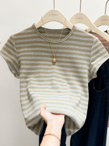Slim Fit Womens Short Sleeve T-Shirt Striped Trendy Short Style Summer Fashionable Korean Version Cotton Polyester Blend