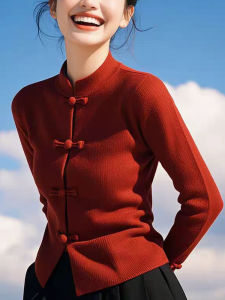 Retro Chinese Style Knitted Cashmere Sweater Womens Base Layer Soft Plush Button up Slimming Autumn High End Feeling Sweater