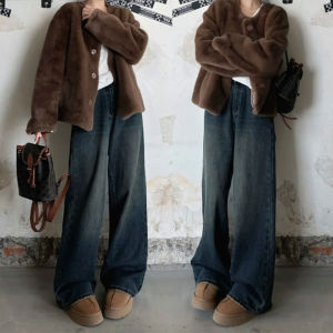 Loose Wide Leg Jeans Womens Pear Shape Body High Waist Slimming Long Pants Casual Cotton Denim Blue Color Four Seasons Wear