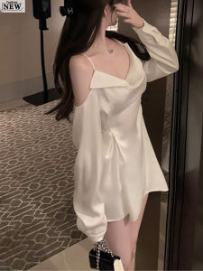 เรียบหรู สีขาว ชุดราตรีไหล่เดียว ผ้าซาติน ผ้า ซิป ปิดแขนยาว ทรงเอ เดรส สไตล์เกาหลี สูง เอว กระโปรงสั้น