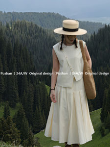 ชุดสไตล์จีนแบบใหม่ออกแบบเองยี่ห้อปาร์คจีซาน Pushan เสื้อกั๊กประตูเฉียงเสื้อชุดกระโปรงจีบสองชิ้น