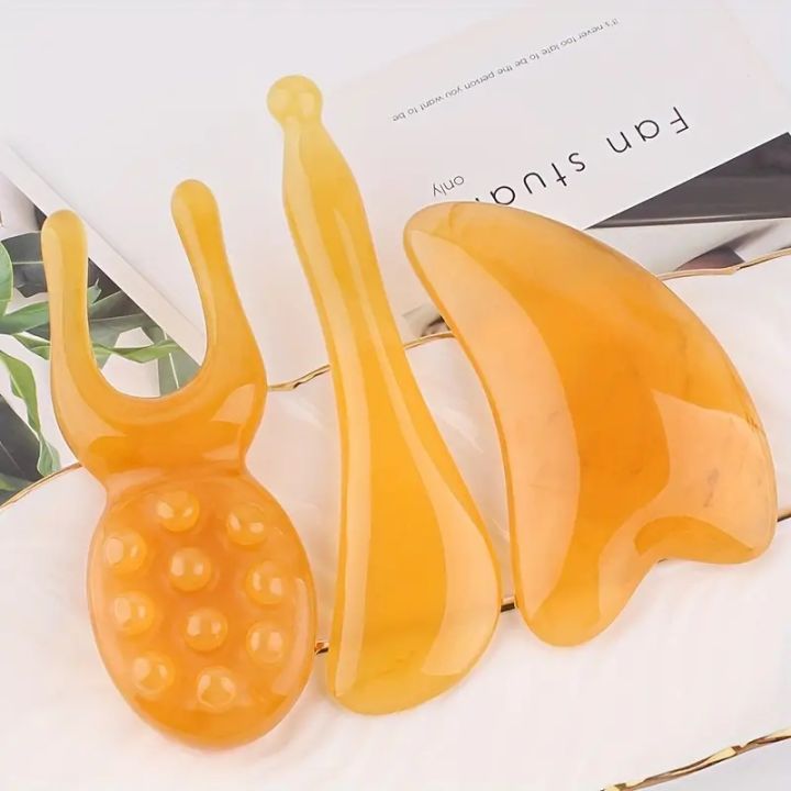 1set Facial Massage Tools  Imitation Sheeps Horn Gua Sha Board Tensile Rod Resin Face Pulling Meridian Massage Stick for Deep