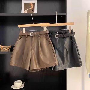 Black PU Leather A-Line Wide Leg Pants Short Shorts 2024 Hong Kong Style Autumn New Fashion Slimming Outerwear High Waist