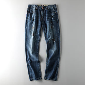 Mens American Retro Denim Jeans Straight Leg Washed Casual Long Trousers No Tagging Hole Design Classic Straight Fit Jeans