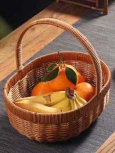 Wicker Storage Basket with Handle Iron Frame Reinforced Picnic Basket Shopping Basket Living Room Vegetable Buying Basket