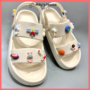 Dép quai hậu nữ sandal nữ đế cao 3cm tặng kèm 14 sticker phi hành gia màu trắng đen hồng QN-13- MayTo