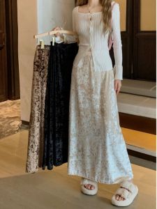 Fall and Winter 2024 New Arrival K-style Elegant Velvet Long Elastic Waist Skirt Female Slim Fit Slimming Sheath A- line Skirt