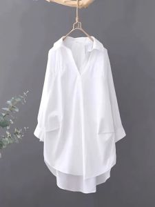 Womens Pure Cotton White Shirt V-neck Mid-length Design Loose Fit Spring Autumn New Style Lazy Style Shirt Dress Korean Version