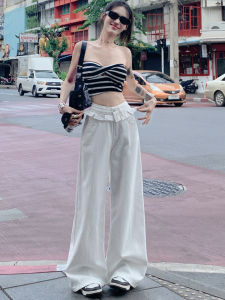 PVJ White Bamboo Node Wide Leg Jeans Womens Loose Slim High Waist Straight Floor-Length Pants Casual Style Cotton Blend