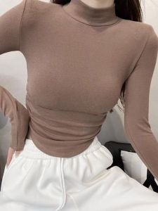 เสื้อยืดคอกลมแขนยาวสองชั้นสำหรับผู้หญิง เสื้อเชิ้ตทรงเข้ารูป เสื้อเชิ้ตแขนยาวฤดูใบไม้ผลิฤดูใบไม้ร่วงฤดูหนาว เสื้อผ้าทำงานสไตล์เกาหลี