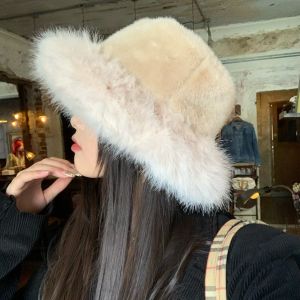 Warm Plush Fishing Cap Womens Large Brim Hat Face Slimming Winter Autumn Anti-Cold Hat Sweet Cute Style round Top Bucket Hat