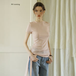 เสื้อยืดแขนยาวผ้าไหมลินินฤดูใบไม้ผลิสำหรับผู้หญิง ดีไซน์เรียบง่าย ดีเทลริบบิ้น ทรงสลิมฟิต ปกติ คอตั้ง เสื้อผ้าทำงาน