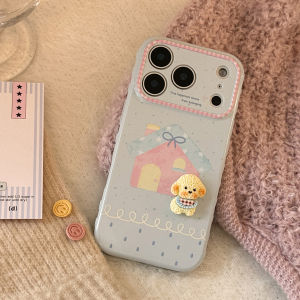 Korean Candy Colors Bow House 3D Cartoon Puppy Phone Case for iPhone 17 16 15 14 13 12 Pro Max Shockproof Protective Soft Cover