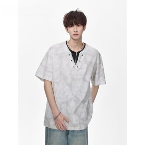 HetingHOME | Áo thun nam tay ngắn mùa hè Hetinghome dáng rộng phong cách đường phố Mỹ cổ chữ V không mũ thường ngày