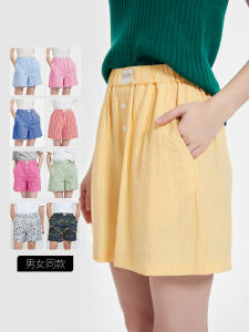 กางเกงขาสั้นลายทางสีสดชื่นสำหรับผู้หญิงในช่วงฤดูร้อน กางเกงนอนลำลองสำหรับใส่ในบ้าน กางเกงขาสั้นชายหาด กางเกงขายาวทรงหลวมสบาย ๆ