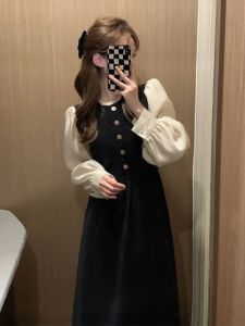 Stand Collar Bubble Sleeve Dress Splicing Slimming Midi Skirt Black White Korean Style High Waist Polyester A-Line Dress