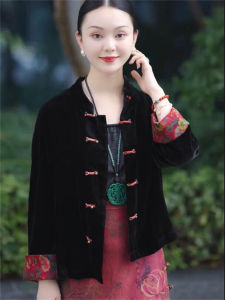 Gold Velvet Short Jacket Chinese Style Long Sleeve Button up Top Quality Commute Pure Color Autumn New Arrival Womens Coat