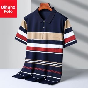 Summer New Cotton Short Sleeve Polo Shirt Mens Turn-down Collar Loose Casual Striped Half Sleeve T-shirt with Pocket