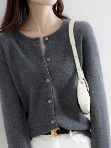Fall 2024 New Arrival Knitting Cardigan Womens Spring Autumn Outerwear Loose Short Casual Gray round-Collar Sweater Outwear
