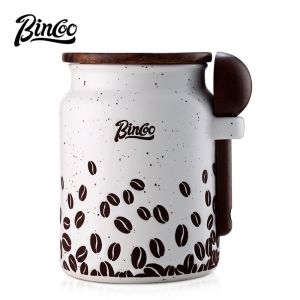 BINCOO Ceramic Coffee Bean Sealed Jar Storage Canister Home Coffee Powder with Wooden Lid 500ML
