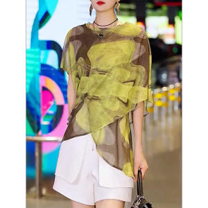 QINGNAER | Irregular Color Design Round Neck Gauze Short Sleeve Plus Size Loose Casual Blouse