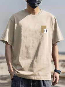 Retro American Style round Neck Short Sleeve T-Shirt Mens Loose Fit Pure Cotton Heavyweight High Street Summer Fashion