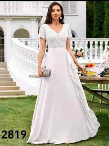 Melody Plus Size V-Neck Princess Sleeve Sequin Embroidered Satin Ruffle Dress For Evening Party