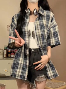 American Style Vintage Plaid Short Sleeve Shirt Women Summer New Loose Versatile Design Sense Top Korean Style POLO Collar