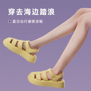 Fashionable Red EVA Strip Sandals for Women Thick Sole Beach Shoes Versatile Roman Style Flat Heel Summer Footwear