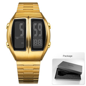 MEGIR Retro Dual-Display Electronic Mens Watch with Stopwatch Backlight Day Date Month Stainless Steel Band Digital Wristwatch