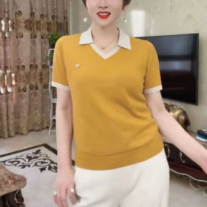 French คอวี Color Block Short Sleeve ฤดูร้อน เสื้อยืด หลวม ผู้หญิง เสื้อท่อนบน สําหรับ พลัสไซส์ ปกปิดเนื้อ หลากหลาย ทันสมัย Mom Wear