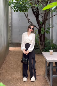 (รุ่นใหม่)H17 กางเกงรุ่นใหม่ระบายข้างดอกกุหลาบ-เอว28-35 สพ30-40 ยาว40"ผ้าวูลเวฟขายาวสาวมินิ