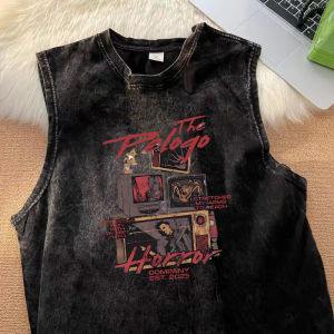 เสื้อกั๊กแขนกุดคอตตอนอเมริกันสำหรับผู้ชาย ทรงหลวม ทรงลำลอง ฤดูร้อน ใหม่ แขนกุด คอตตอนแท้ ไม่มีแขน เสื้อยืด แฟชั่น